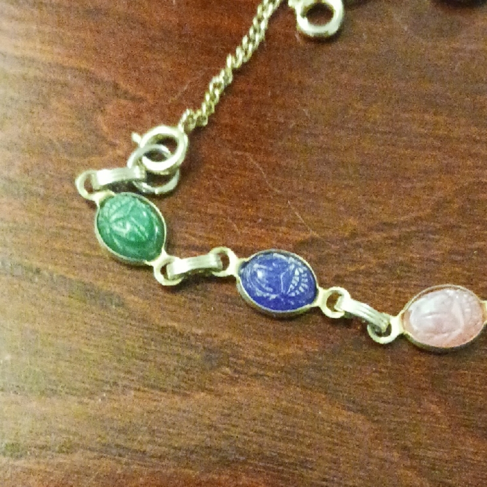 Gold-Tone Multi Gem Scarab Link Bracelet -vintage 1970s - Picture 3 of 5
